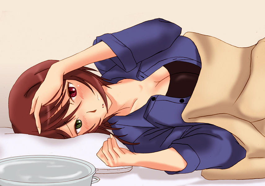 blanket blush breasts brown_hair casual cleavage heterochromia lying on_side pillow pot rozen_maiden short_hair sick souseiseki sweat under_covers