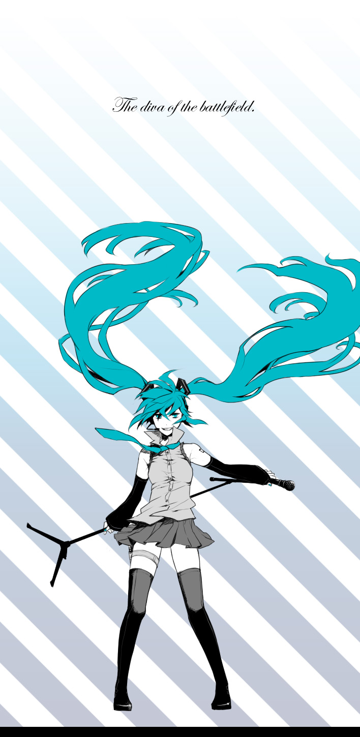 aqua_hair bad_id detached_sleeves english grin hatsune_miku highres inoue_(pixiv81513) inoue_mikuni microphone microphone_stand necktie skirt smile standing thigh-highs thighhighs twintails vocaloid wind