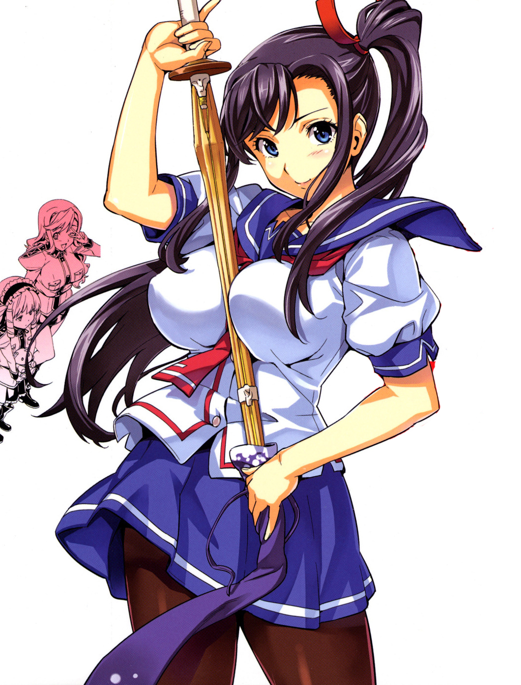 between_breasts blue_eyes breasts female highres large_breasts long_hair maken-ki maken-ki! pantyhose ponytail purple_hair school_uniform shinai side_ponytail skirt smile sword takeda_hiromitsu weapon