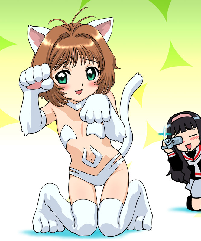 aqua_eyes black_hair blush brown_hair camcorder camera card_captor_sakura cardcaptor_sakura cat_ears cat_pose cosplay daidouji_tomoyo felicia felicia_(cosplay) flat_chest green_eyes kinomoto_sakura kneeling paw_pose paws saliva short_hair sweatdrop tail thigh-highs thigh_gap thighhighs ueyama_michirou vampire_(game)