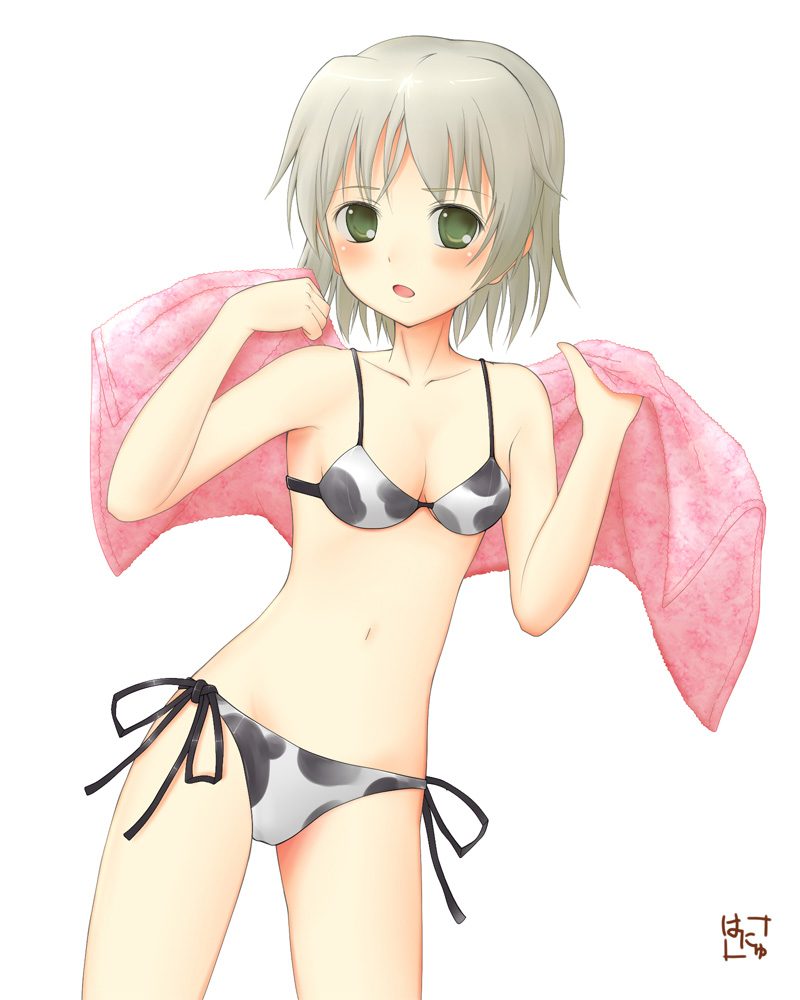 blush breasts cleavage cow_print dutch_angle green_eyes hanyu navel open_mouth sanya_v_litvyak short_hair side-tie_bikini signature silver_hair simple_background solo strike_witches string_bikini swimsuit towel