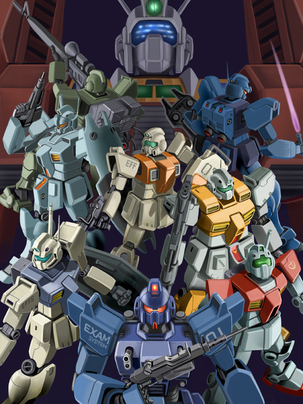 beam_rifle blue_destiny_01 crossover densetsu_kyojin_ideon dorasu energy_sword gm_(mobile_suit) gm_custom gm_kai gm_quel ground_gm gun gundam gundam_0083 gundam_08th_ms_team gundam_side_story:_the_blue_destiny ideon machine_gun mecha mobile_suit_gundam powered_gm shield space_runaway_ideon sword weapon zeta_gundam