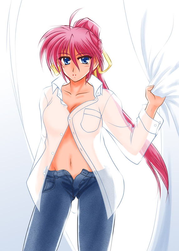 bad_id dress_shirt jeans mahou_shoujo_lyrical_nanoha mahou_shoujo_lyrical_nanoha_a's mahou_shoujo_lyrical_nanoha_a's mahou_shoujo_lyrical_nanoha_strikers navel open_clothes open_shirt pink_hair ponytail see-through shirt signum