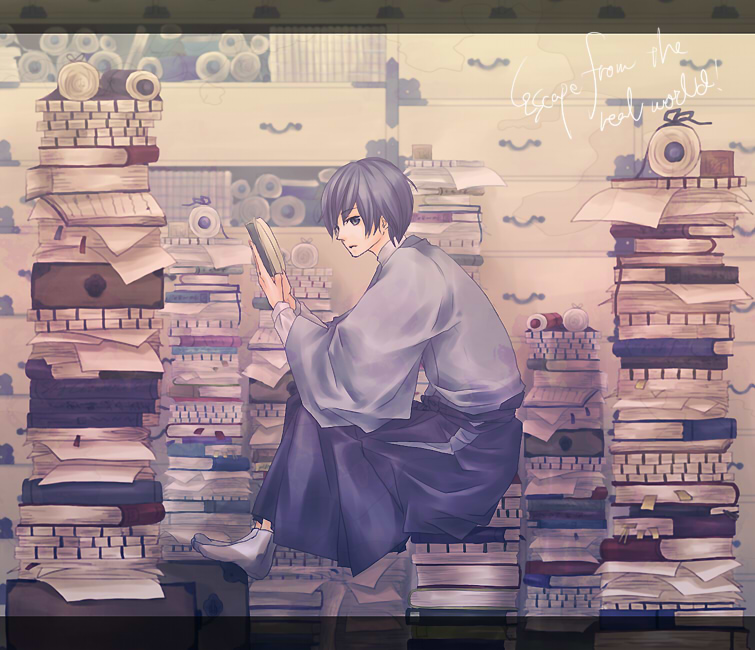 bad_id blue_hair book book_stack english hakama japanese_clothes kaito letterboxed male reading scroll short_hair sitting socks solo tonoshiro vocaloid