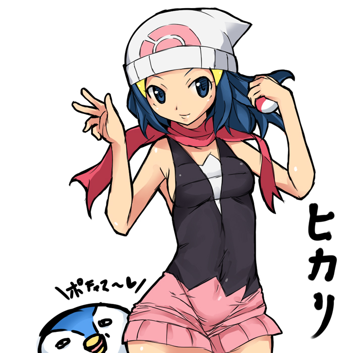 hat hikari_(pokemon) holding holding_poke_ball imazon piplup poke_ball pokemon