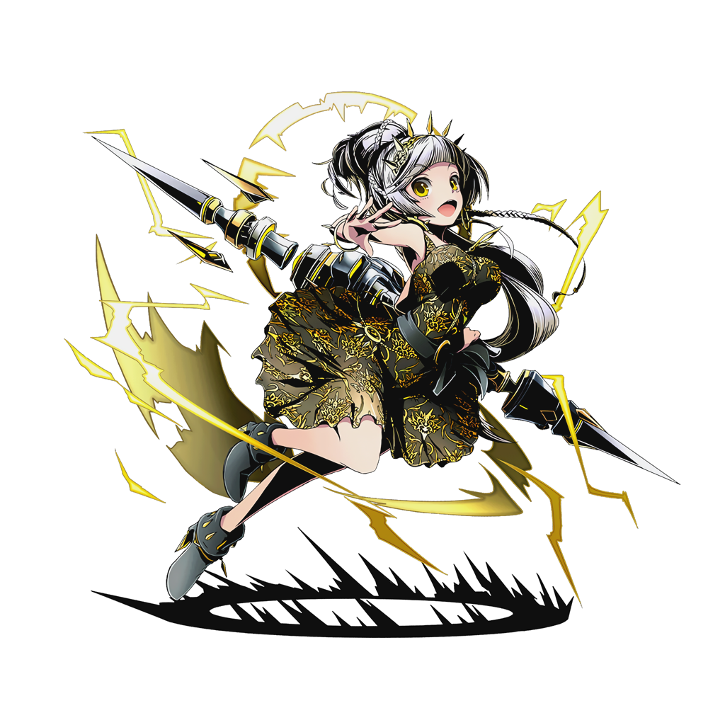 1girl armpits bracelet braid breasts divine_gate dress eyebrows_visible_through_hair floating_hair full_body hair_ornament high_heels holding holding_weapon jewelry long_hair looking_at_viewer medium_breasts official_art open_mouth ponytail shadow silver_hair sleeveless sleeveless_dress solo transparent_background ucmm very_long_hair weapon yellow_eyes