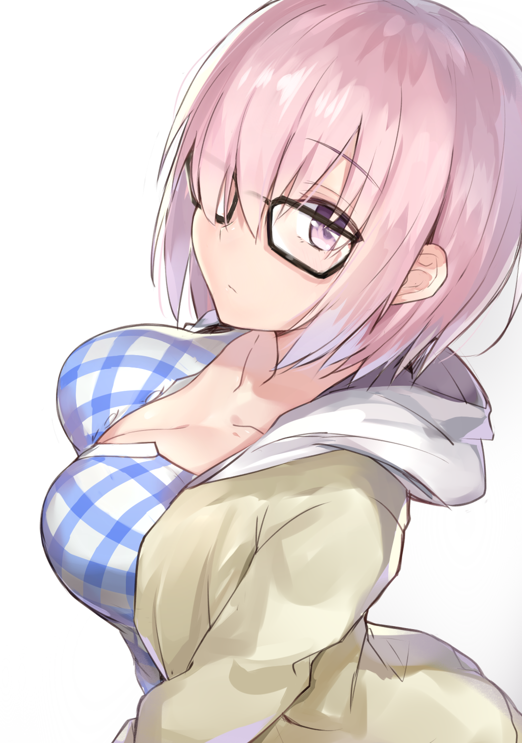 1girl breasts cleavage fate/grand_order fate_(series) glasses hair_over_one_eye highres kyouki looking_up plaid purple_hair shielder_(fate/grand_order) short_hair simple_background solo violet_eyes white_background