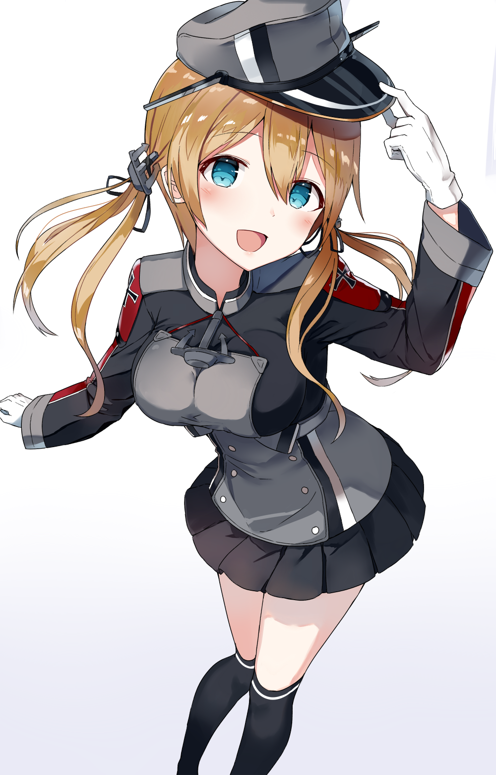 1girl adjusting_clothes adjusting_hat anchor_hair_ornament aqua_eyes blonde_hair blush gloves gradient gradient_background hair_ornament hat highres iron_cross kantai_collection low_twintails military military_uniform open_mouth peaked_cap prinz_eugen_(kantai_collection) shikuro_(iorimiyakiyo) smile solo twintails uniform white_gloves