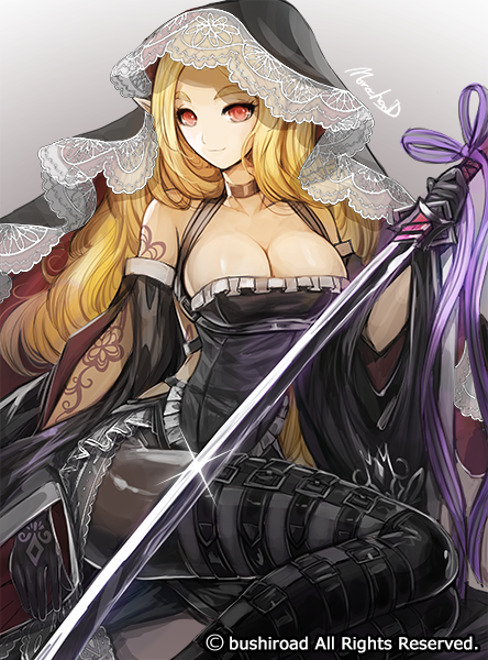 1girl artist_name battle_sister_mille-feuille blonde_hair boots breasts cardfight!!_vanguard cleavage company_name full_body gloves grey_background long_hair moreshan pointy_ears red_eyes sitting solo sword tattoo veil weapon