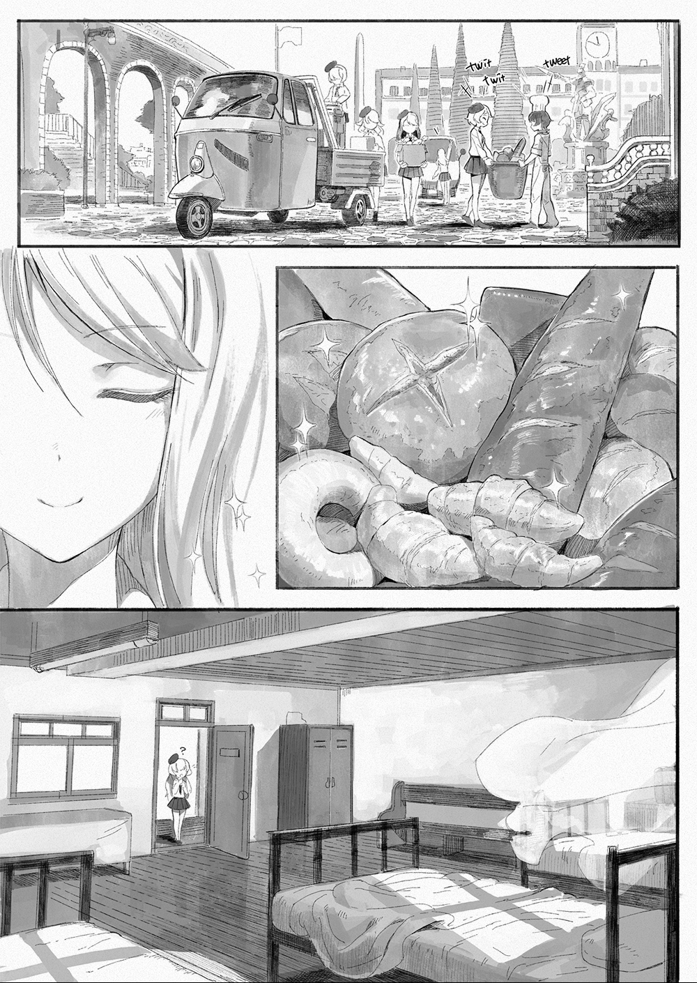 6+girls ? anzio_school_uniform bed beret bread closed_eyes comic food girls_und_panzer greyscale ground_vehicle hat highres ladic long_hair mika_(girls_und_panzer) monochrome motor_vehicle multiple_girls open_mouth smile truck