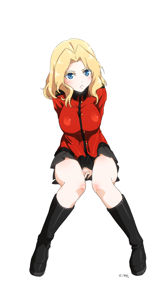 1girl artist_name black_boots black_skirt blonde_hair blue_eyes boots breasts closed_mouth darjeeling_(cosplay) ei_(akinosakae) frown full_body girls_und_panzer hair_intakes invisible_chair jacket kay_(girls_und_panzer) knees_together_feet_apart large_breasts long_hair long_sleeves looking_at_viewer military military_uniform miniskirt pleated_skirt red_jacket simple_background sitting skirt solo st._gloriana's_military_uniform uniform v_arms white_background