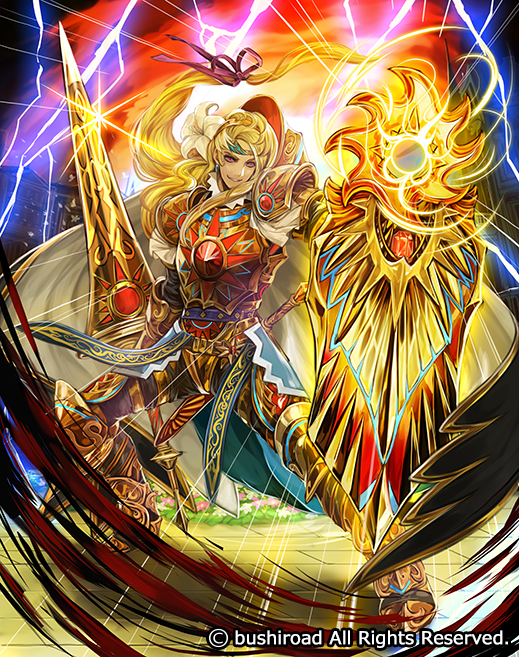 1boy armor armored_boots blonde_hair boots cape cardfight!!_vanguard company_name electricity flower full_body hair_flower hair_ornament knight_of_the_scorching_sun_arvirarkus long_hair male_focus moreshan official_art pink_eyes shield solo sword teeth weapon