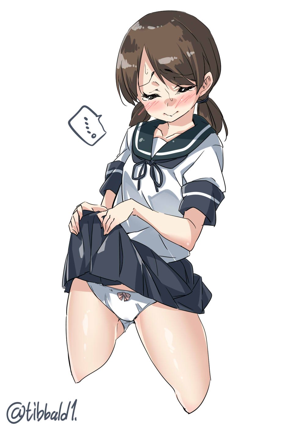 ... 1girl bangs black_skirt blush bow bow_panties brown_hair closed_eyes closed_mouth collarbone cowboy_shot cropped_legs ebifurya eyebrows_visible_through_hair gluteal_fold highres kantai_collection lifted_by_self low_twintails panties pink_bow pleated_skirt school_uniform serafuku shirayuki_(kantai_collection) short_sleeves short_twintails simple_background skirt skirt_lift solo speech_bubble spoken_ellipsis sweat tears twintails twitter_username underwear white_background white_panties
