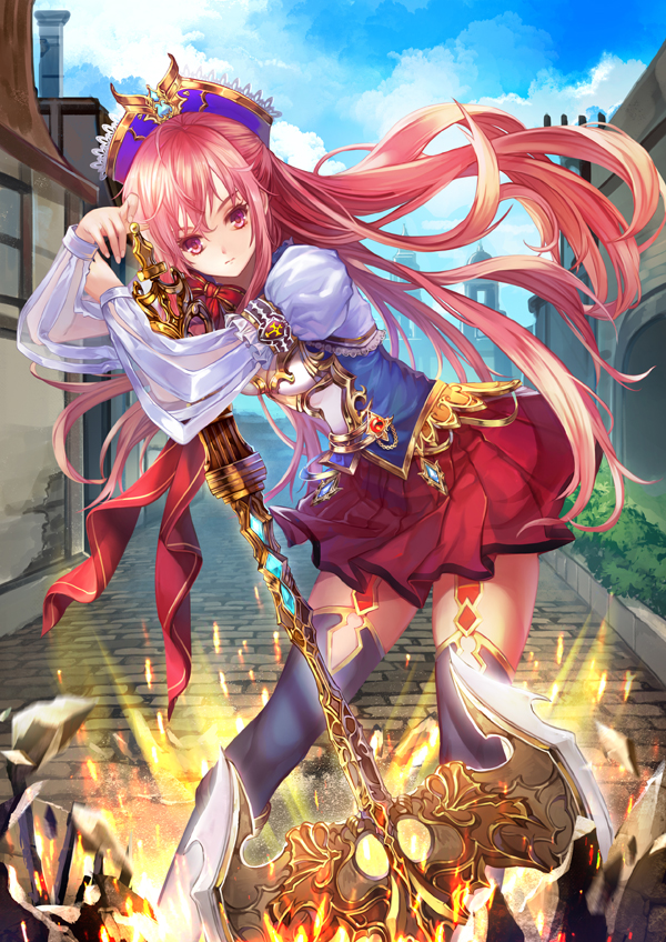 1girl axe battle_axe blue_hat blue_sky brick clouds day full_body grey_legwear hat leaning looking_at_viewer original outdoors path pink_hair planted_weapon red_eyes red_skirt road shente_(sharkpunk) skirt sky solo standing thigh-highs weapon