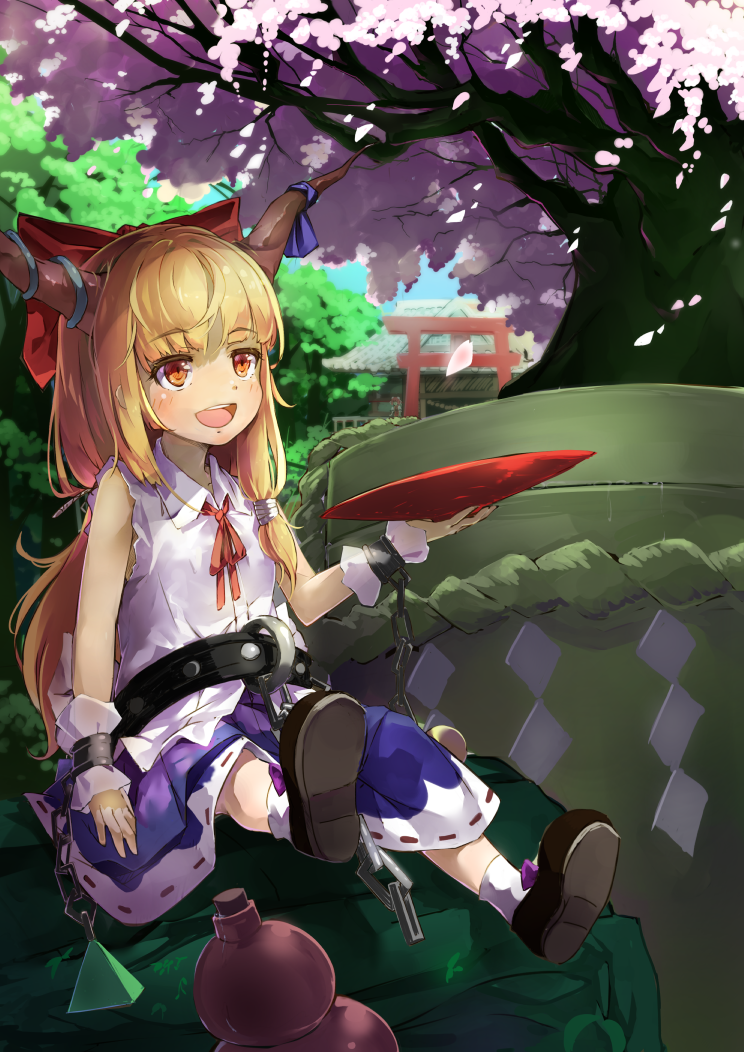 1girl :d bangs belt blonde_hair blue_ribbon blue_skirt blush bow chains cherry_blossoms cuffs cup day full_body gourd hair_bow hair_tubes horn_ribbon horns ibuki_suika long_hair open_mouth orange_eyes petals piyodesu red_bow ribbon sakazuki shackles shirt sidelocks sitting skirt sleeveless sleeveless_shirt smile solo torii touhou white_shirt