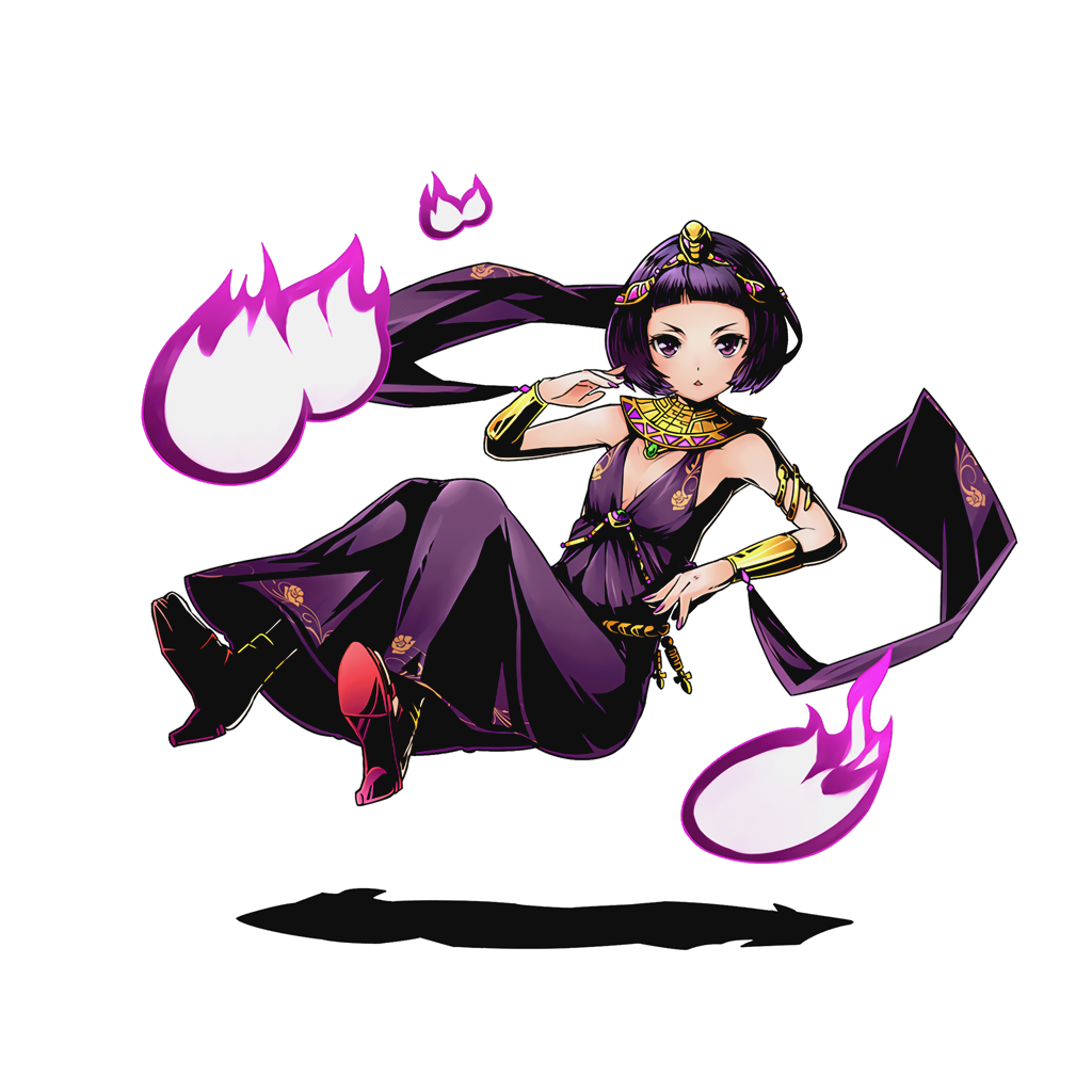 1girl bracelet breasts cleavage divine_gate dress full_body high_heels jewelry looking_at_viewer official_art purple_dress purple_hair red_shoes shoes short_hair sleeveless sleeveless_dress small_breasts solo transparent_background ucmm violet_eyes