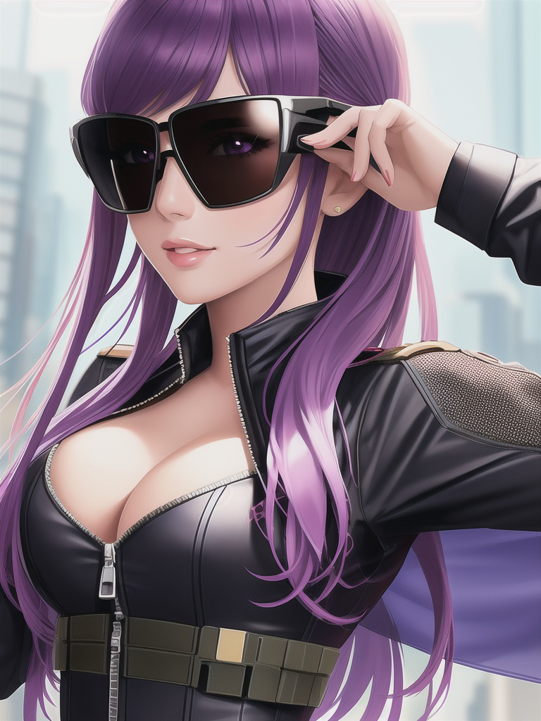 1girl cleavage large_breasts leatherjacket long_hair looking_at_viewer purple_hair shmebulock36 solo sunglasses violet_eyes