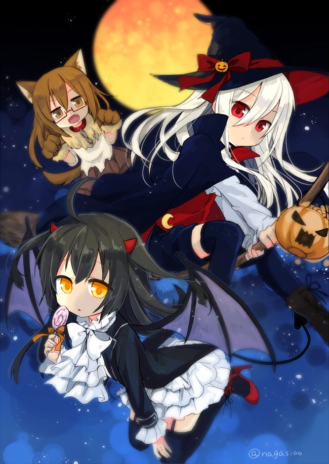 3girls alternate_costume animal_ears black_hair black_legwear bow bowtie broom broom_riding brown_eyes brown_hair candy crescent crescent_moon_pin demon_tail demon_wings fangs food full_moon glasses halloween halloween_costume hat high_heels horns jack-o'-lantern kantai_collection kikuzuki_(kantai_collection) lollipop long_hair long_sleeves mikazuki_(kantai_collection) mochizuki_(kantai_collection) moon multiple_girls nagasioo red-framed_eyewear red_eyes red_ribbon red_shoes ribbon shoes skirt tail thigh-highs twitter_username white_bow white_bowtie white_hair white_skirt wings witch_hat wolf_ears wolf_tail yellow_eyes