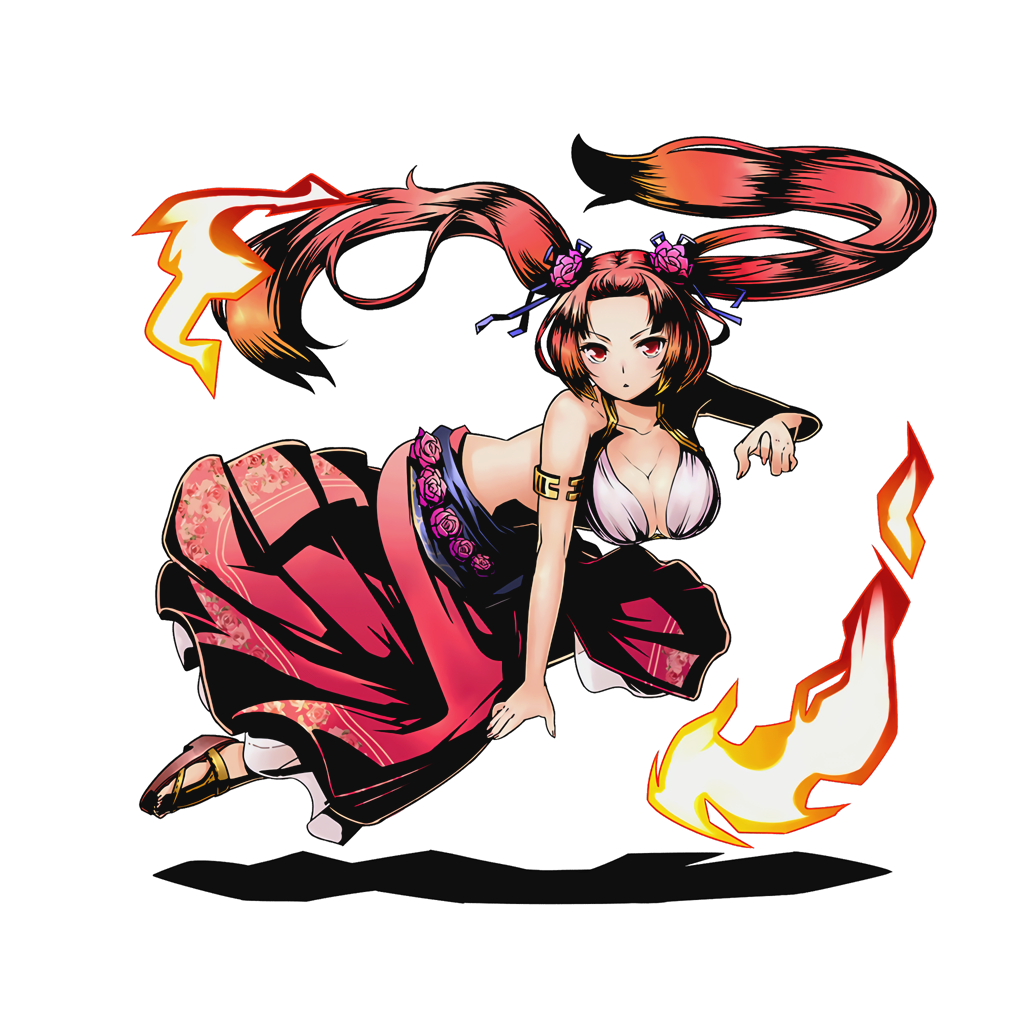 1girl blue_ribbon bra breasts cleavage collarbone divine_gate floating_hair flower full_body hair_flower hair_ornament hair_ribbon large_breasts long_hair long_skirt looking_at_viewer nail_polish official_art pink_flower pink_nails red_eyes red_skirt redhead ribbon skirt solo transparent_background twintails ucmm underwear very_long_hair white_bra