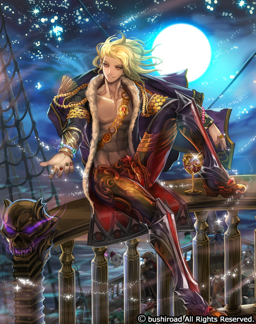 1boy abs blonde_hair boatswain_arman boots cardfight!!_vanguard company_name dark_skin dark_skinned_male drink full_body ghost jacket_on_shoulders jewelry long_hair male_focus moon moreshan nail_polish night night_sky official_art pointy_ears red_eyes ring shirtless sitting sky solo sparkle