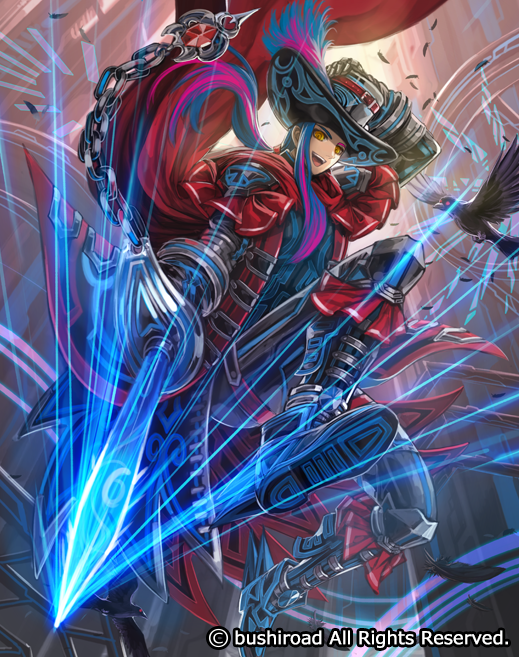 1boy adroit_revenger_teyrnon bird blue_hair boots cape cardfight!!_vanguard chains company_name crow feathered_wings feathers full_body hat long_hair male_focus moreshan multicolored_hair official_art open_mouth pink_hair solo sword teeth two-tone_hair weapon wings yellow_eyes