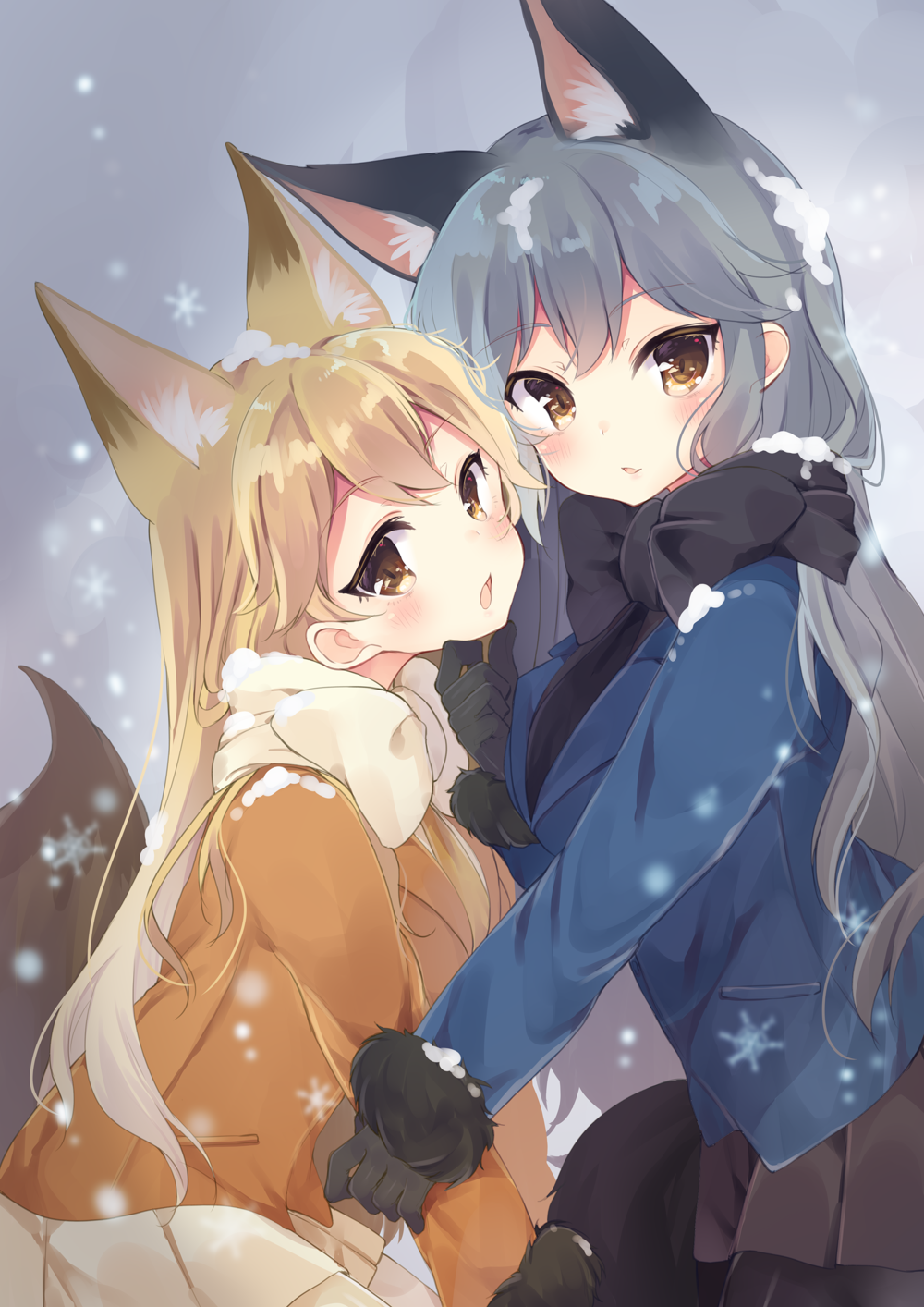2girls :o animal_ears bangs black_bow black_bowtie black_gloves black_skirt blonde_hair blue_jacket blush bow bowtie breasts chin_grab eyebrows_visible_through_hair ezo_red_fox_(kemono_friends) fox_ears fox_tail fur-trimmed_sleeves fur_trim gloves grey_hair hand_on_another's_chin highres irone_(miyamiya38) jacket kemono_friends long_hair long_sleeves looking_at_viewer medium_breasts miniskirt multiple_girls open_mouth orange_jacket pantyhose pleated_skirt pocket silver_fox_(kemono_friends) skirt smile snow snowflakes tail white_bow white_bowtie white_skirt yellow_eyes
