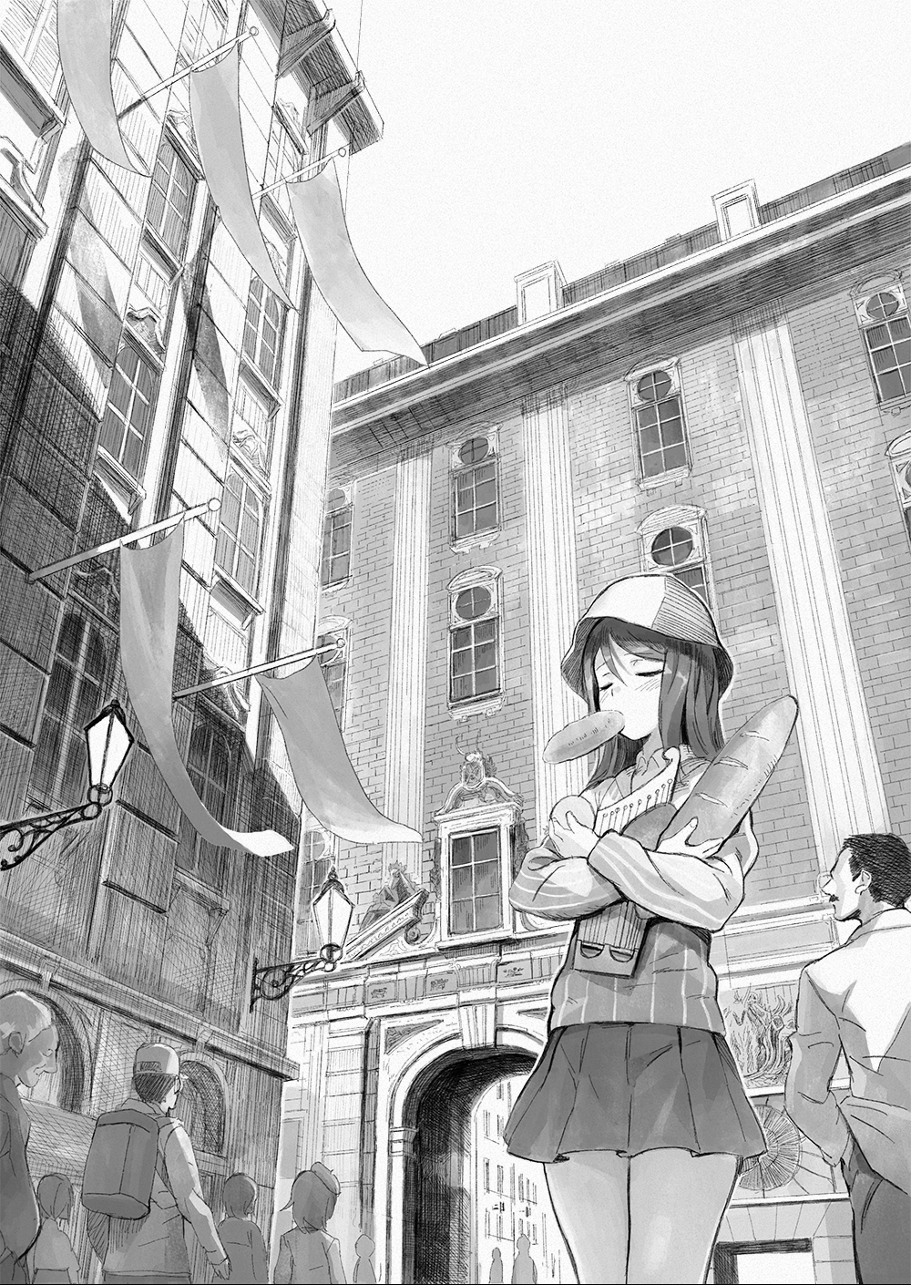 1girl arch architecture baguette banner bread building city closed_eyes cowboy_shot crowd eyebrows_visible_through_hair food food_in_mouth girls_und_panzer greyscale hair_between_eyes hat highres instrument kantele keizoku_school_uniform ladic lamp long_hair long_sleeves mika_(girls_und_panzer) monochrome object_hug outdoors shirt skirt solo_focus striped striped_shirt window