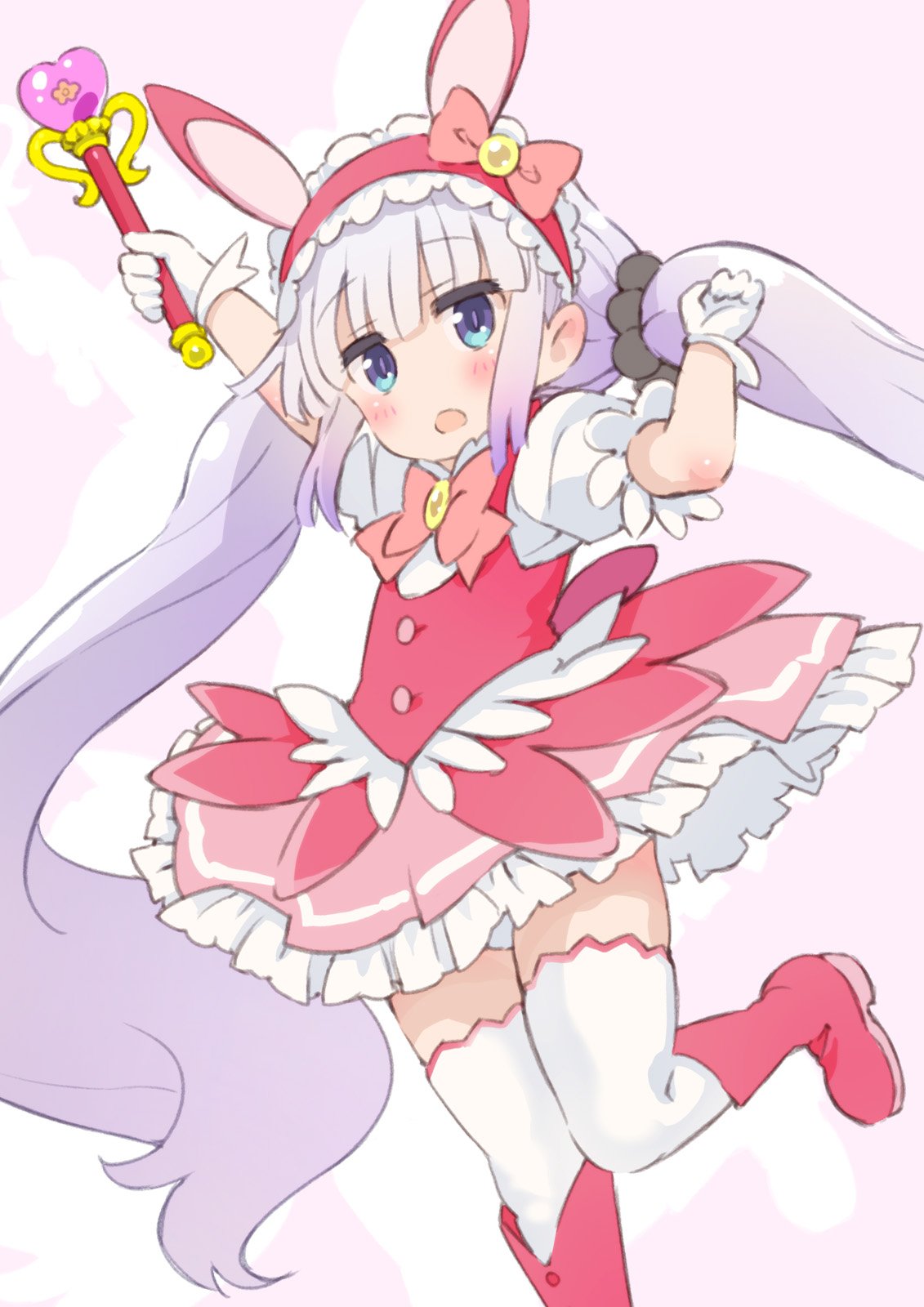 1girl :o alternate_costume alternate_hairstyle animal_ears arms_up bangs blue_eyes blunt_bangs blush dragon_girl dress eyebrows_visible_through_hair frilled_skirt frills full_body gloves gradient_hair hairband half-closed_eyes highres kanna_kamui kobayashi-san_chi_no_maidragon lavender_hair long_hair magical_girl multicolored_hair one_leg_raised open_mouth panties pantyshot pantyshot_(standing) puffy_short_sleeves puffy_sleeves rabbit_ears ribbon saeki_tatsuya short_sleeves simple_background skirt solo staff standing thigh-highs twintails two-tone_hair underwear very_long_hair white_background white_legwear