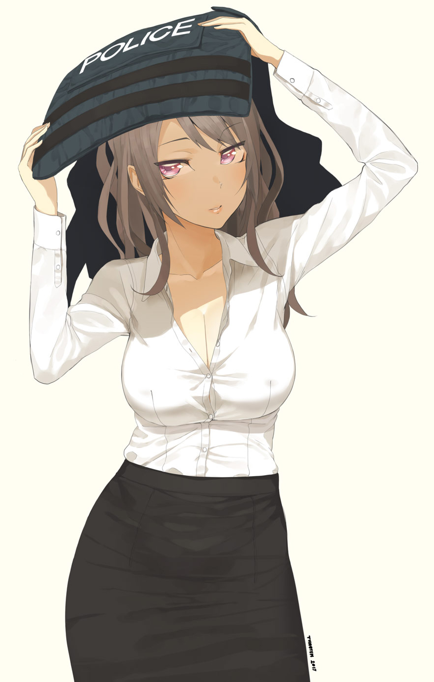 1girl 2017 artist_name black_skirt breasts brown_hair bulletproof_vest cleavage collarbone collared_shirt commentary dress_shirt english eyebrows_visible_through_hair highres holding large_breasts long_hair looking_at_viewer number original parted_lips partially_unbuttoned pink_eyes shirt simple_background skirt solo throtem white_background white_shirt wing_collar