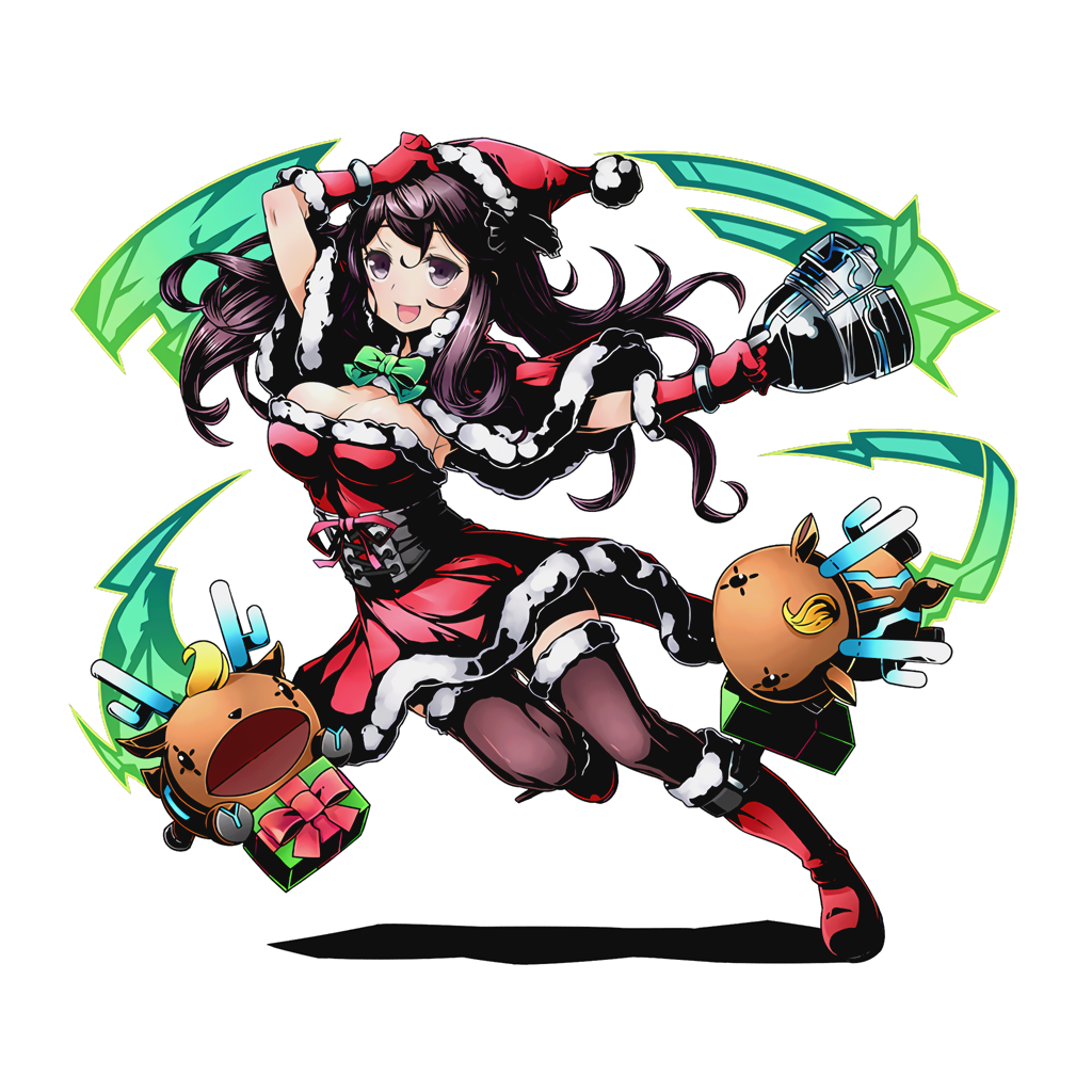 1girl bell black_hair black_legwear boots bow bowtie box bracelet breasts brown_eyes capelet cleavage divine_gate dress floating_hair full_body gift gift_box gloves green_bow hand_on_head hat holding jewelry large_breasts long_hair official_art open_mouth red_boots red_dress red_gloves red_hat santa_boots santa_costume santa_gloves santa_hat sleeveless sleeveless_dress solo strapless strapless_dress thigh-highs transparent_background ucmm very_long_hair