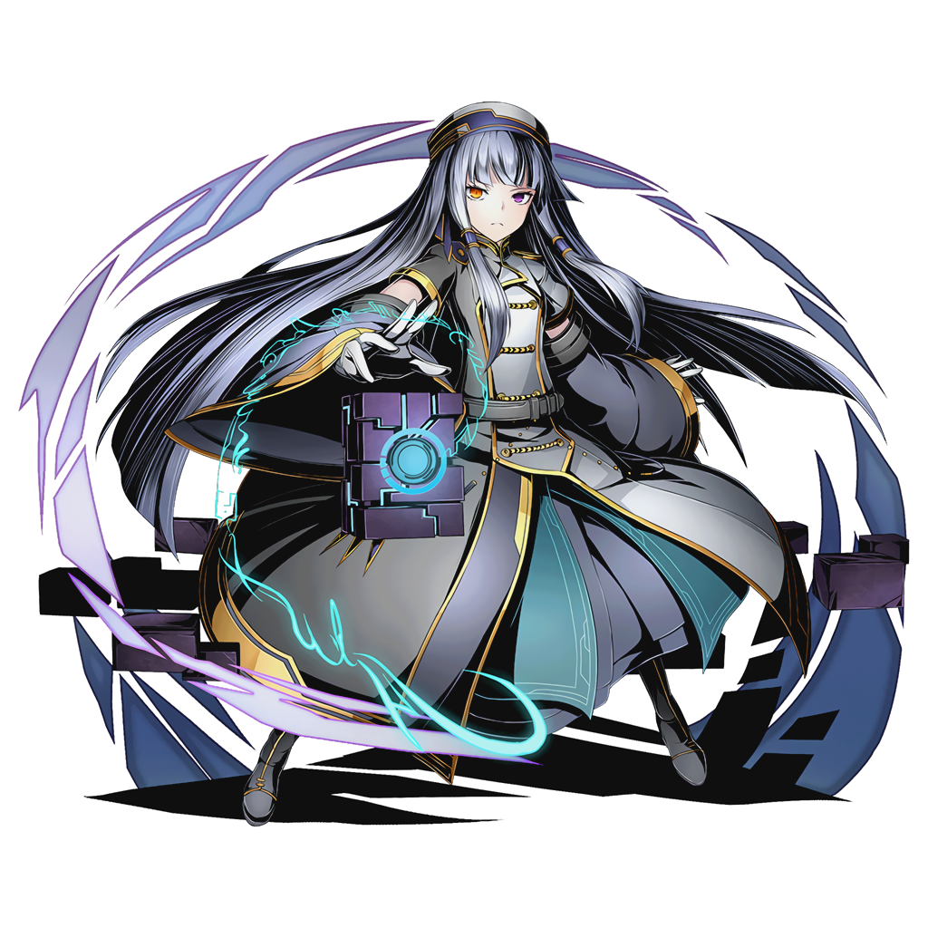 1girl black_boots boots detached_sleeves divine_gate dress floating_hair full_body hat heterochromia long_hair official_art orange_eyes shadow silver_hair solo transparent_background ucmm very_long_hair violet_eyes