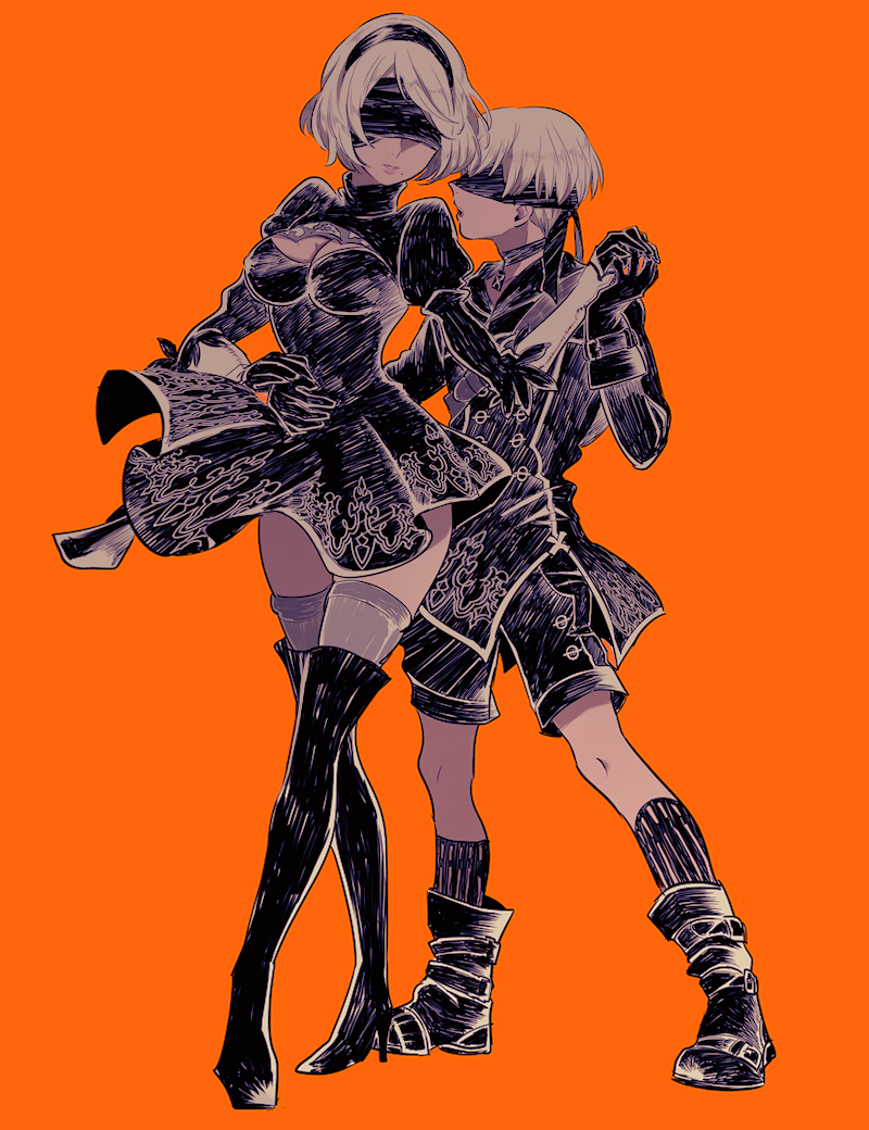 1boy 1girl black_boots black_dress black_hairband blindfold boots choker couple covered_eyes dress feather-trimmed_sleeves gloves hairband juliet_sleeves leotard long_sleeves mole mole_under_mouth ni-si_(nisi_kun) nier_(series) nier_automata puffy_sleeves ribbed_dress short_hair simple_background thigh-highs thighhighs_under_boots vambraces white_hair white_leotard yorha_no._2_type_b yorha_no._9_type_s