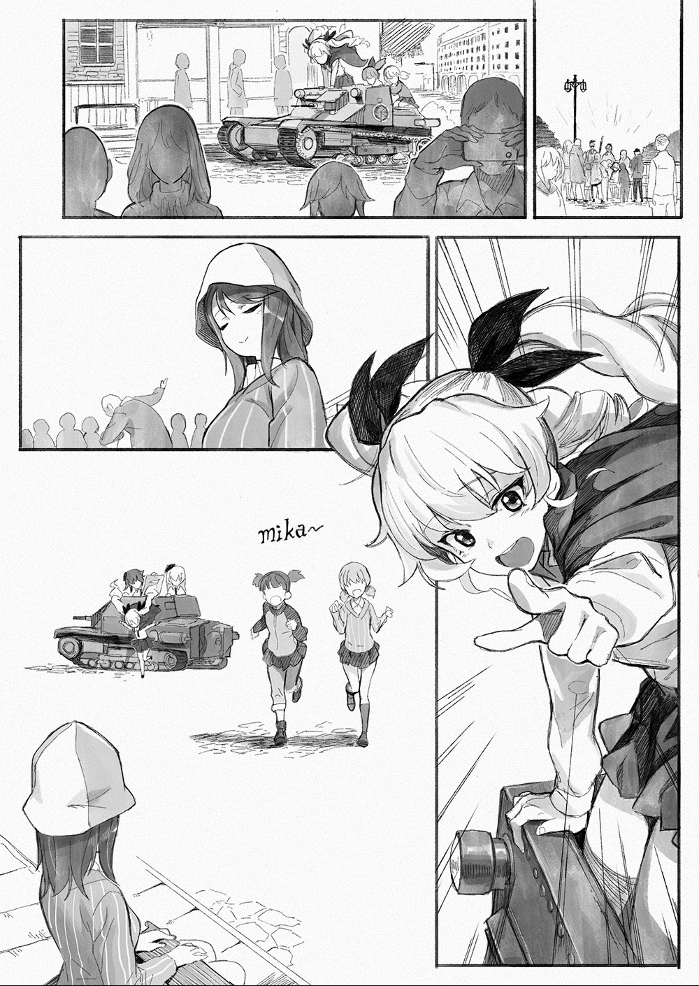 6+girls aki_(girls_und_panzer) anchovy anzio_school_uniform beret cape carpaccio carro_armato_p40 comic girls_und_panzer greyscale ground_vehicle hat highres keizoku_school_uniform ladic long_hair long_sleeves mika_(girls_und_panzer) mikko_(girls_und_panzer) military military_vehicle monochrome motor_vehicle multiple_girls open_mouth pepperoni_(girls_und_panzer) pointing school_uniform shirt smile striped striped_shirt tank vertical-striped_shirt vertical_stripes