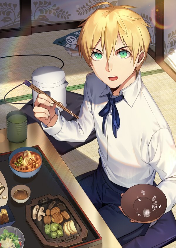 1boy ahoge blonde_hair carchet chopsticks eating fate/prototype fate_(series) food green_eyes looking_at_viewer male_focus plate saber_(fate/prototype) short_hair solo