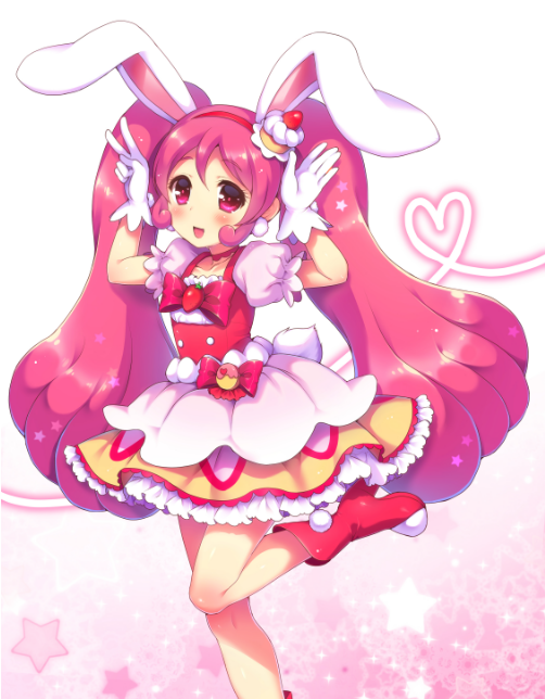 1girl animal_ears blush boots bunny_tail cake_hair_ornament cure_whip extra_ears food_themed_hair_ornament gloves hair_ornament heart kirakira_precure_a_la_mode long_hair looking_at_viewer magical_girl open_mouth pink_eyes pink_hair precure rabbit_ears red_boots sakura_puchirou smile solo standing standing_on_one_leg star tail twintails usami_ichika v white_gloves