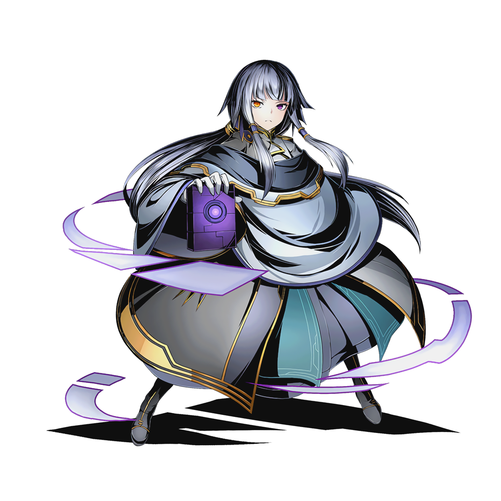 1girl black_boots boots divine_gate dress floating_hair full_body heterochromia holding long_hair looking_at_viewer official_art orange_eyes shadow silver_hair solo transparent_background ucmm very_long_hair violet_eyes