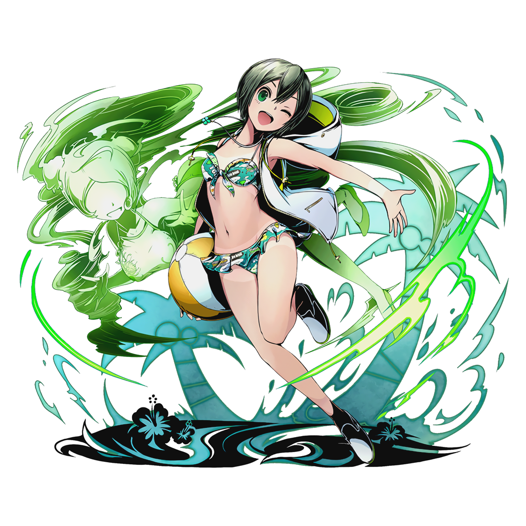 1girl ball beachball bikini collarbone divine_gate frilled_bikini frills full_body green_bikini green_eyes green_hair holding holding_ball hood hooded_jacket jacket jewelry necklace official_art one_eye_closed open_clothes open_jacket open_mouth outstretched_arm shadow shoes short_hair solo swimsuit tan transparent_background ucmm unzipped white_jacket white_shoes