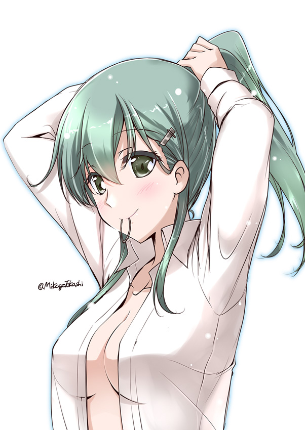 1girl adjusting_hair alternate_hairstyle breasts collared_shirt green_eyes green_hair hair_ornament hairclip kantai_collection long_hair long_sleeves medium_breasts mikage_takashi mouth_hold ponytail shirt sidelocks simple_background smile solo suzuya_(kantai_collection) twitter_username white_background white_shirt