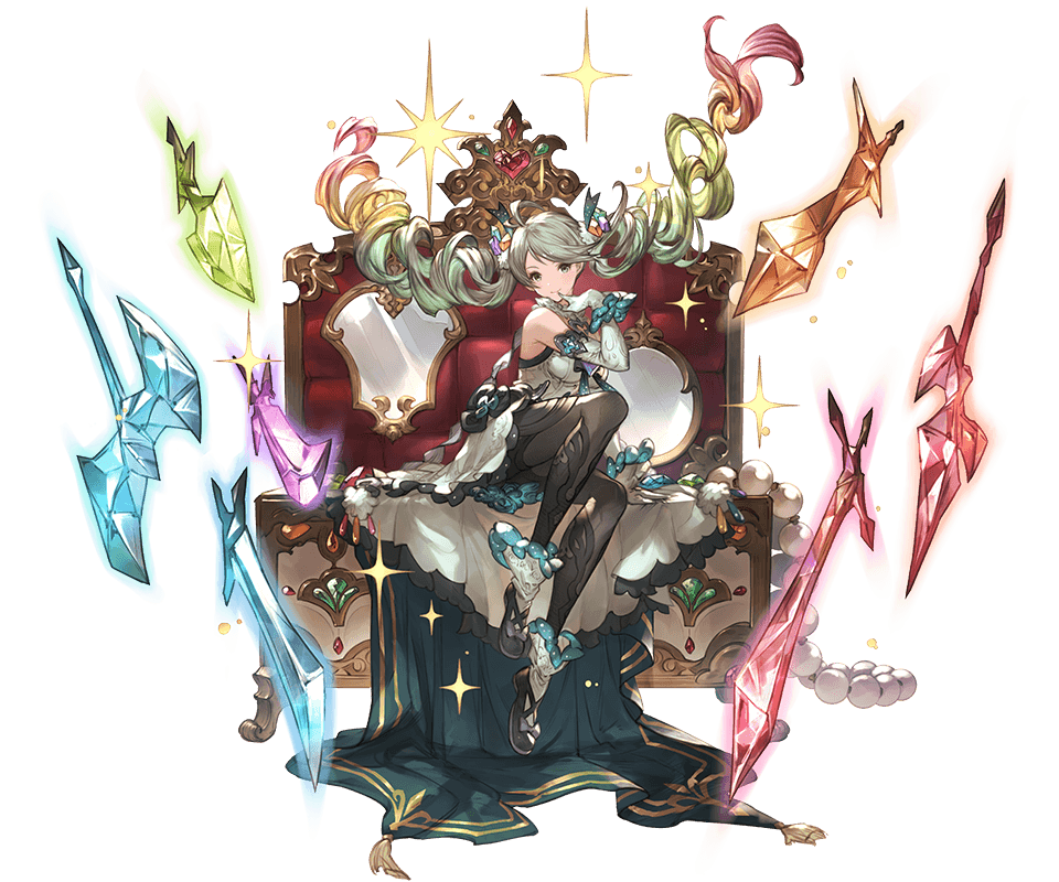 1girl breasts de_la_fille dress elbow_gloves frills full_body gem gloves granblue_fantasy green_hair hair_ornament jewelry long_hair looking_at_viewer minaba_hideo multicolored_hair necklace official_art pantyhose pearl pearl_necklace shoes sitting smile solo sparkle tied_hair transparent_background twintails weapon