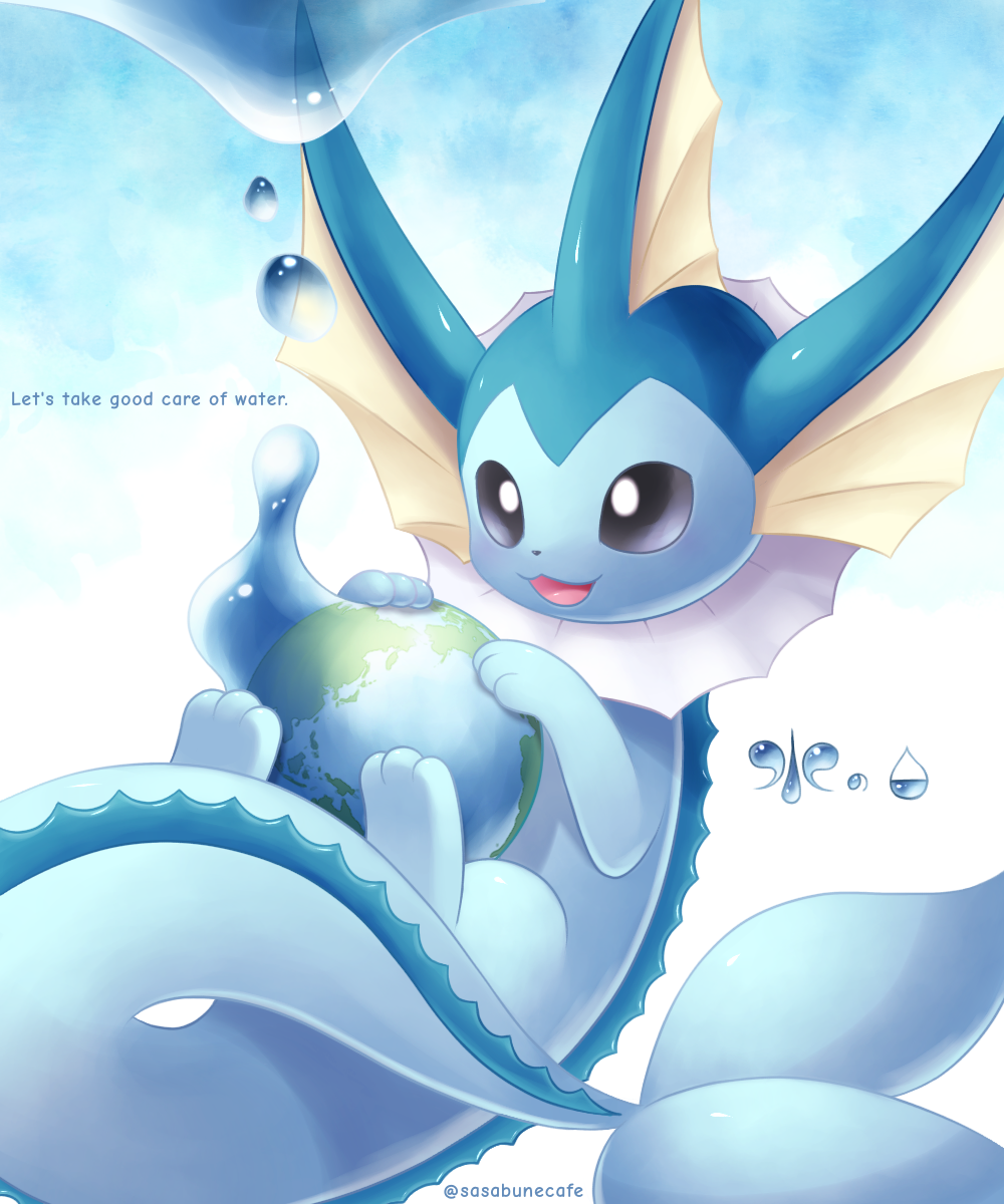 :d black_eyes commentary_request english_text highres holding no_humans open_mouth pokemon pokemon_(creature) sasabunecafe smile solo toes tongue vaporeon water water_drop