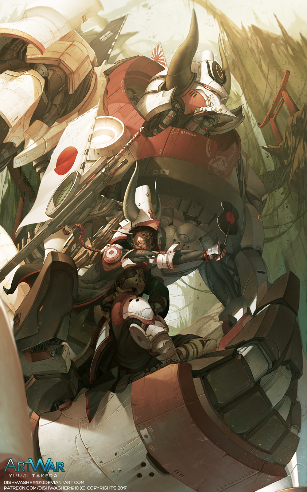 dishwasher1910 flag helmet highres horns mecha