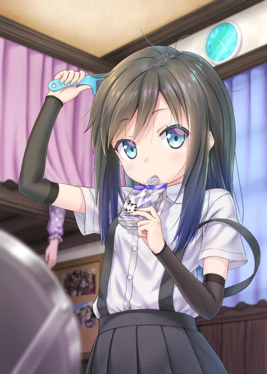 2girls arm_warmers asashio_(kantai_collection) black_hair blue_eyes blurry clock combing commentary_request depth_of_field drink eyebrows_visible_through_hair gotou_hisashi highres kantai_collection long_hair messy_hair multiple_girls solo_focus strap_slip suspenders