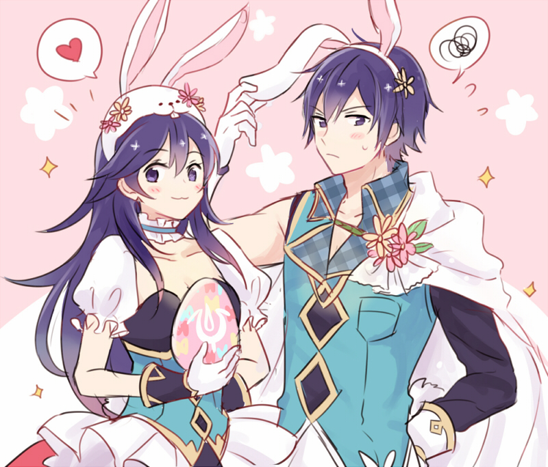 1boy 1girl :3 alternate_costume animal_ears animal_hood asymmetrical_clothes blue_hair blush bunny_hood dinikee easter_egg fake_animal_ears father_and_daughter fire_emblem fire_emblem:_kakusei fire_emblem_heroes gloves heart hood krom looking_at_viewer lucina open_collar rabbit_ears spoken_heart spoken_squiggle squiggle sweatdrop upper_body