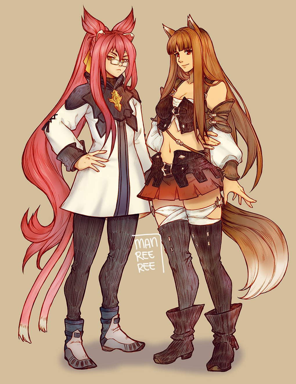 2girls animal_ears blazblue brown_hair cat_ears cat_tail crossover detached_sleeves final_fantasy final_fantasy_xiv full_body glasses highres holo kokonoe long_hair midriff multiple_girls multiple_tails pink_eyes pink_hair ponytail red_eyes reema_and signature simple_background spice_and_wolf standing tail thigh-highs wolf_ears wolf_tail