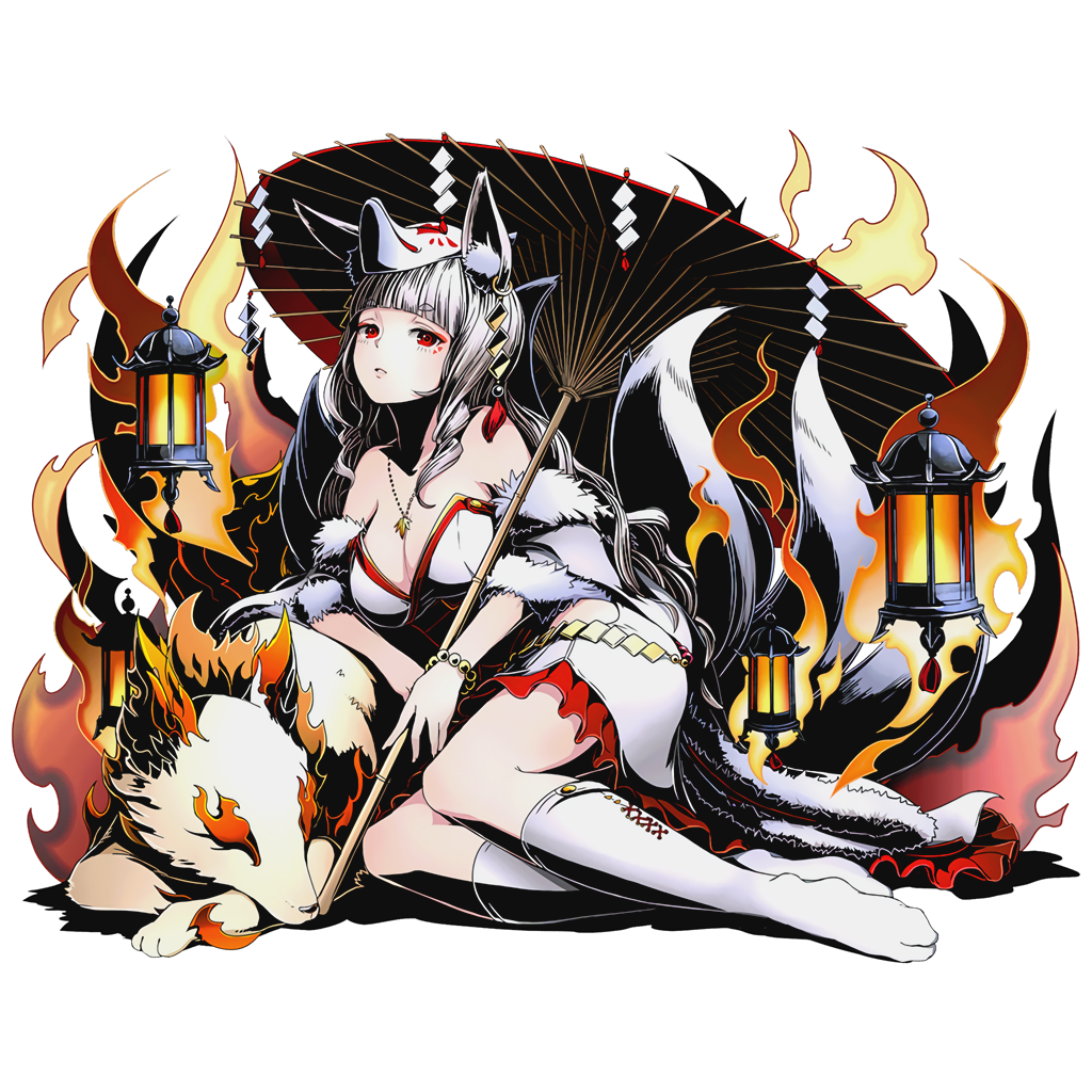 1girl animal_ears breasts cleavage divine_gate fox_ears fox_tail full_body jewelry kneehighs large_breasts long_hair looking_at_viewer mask necklace official_art red_eyes silvershair solo strapless tail transparent_background ucmm very_long_hair white_legwear