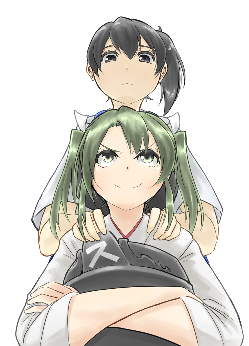 2girls brown_eyes brown_hair colored_eyelashes commentary_request crossed_arms green_eyes green_hair hakama hands_on_another's_shoulders height_difference japanese_clothes kaga_(kantai_collection) kantai_collection looking_at_another looking_up multiple_girls muneate side_ponytail smile smug twintails upper_body v_r_dragon01 zuikaku_(kantai_collection)