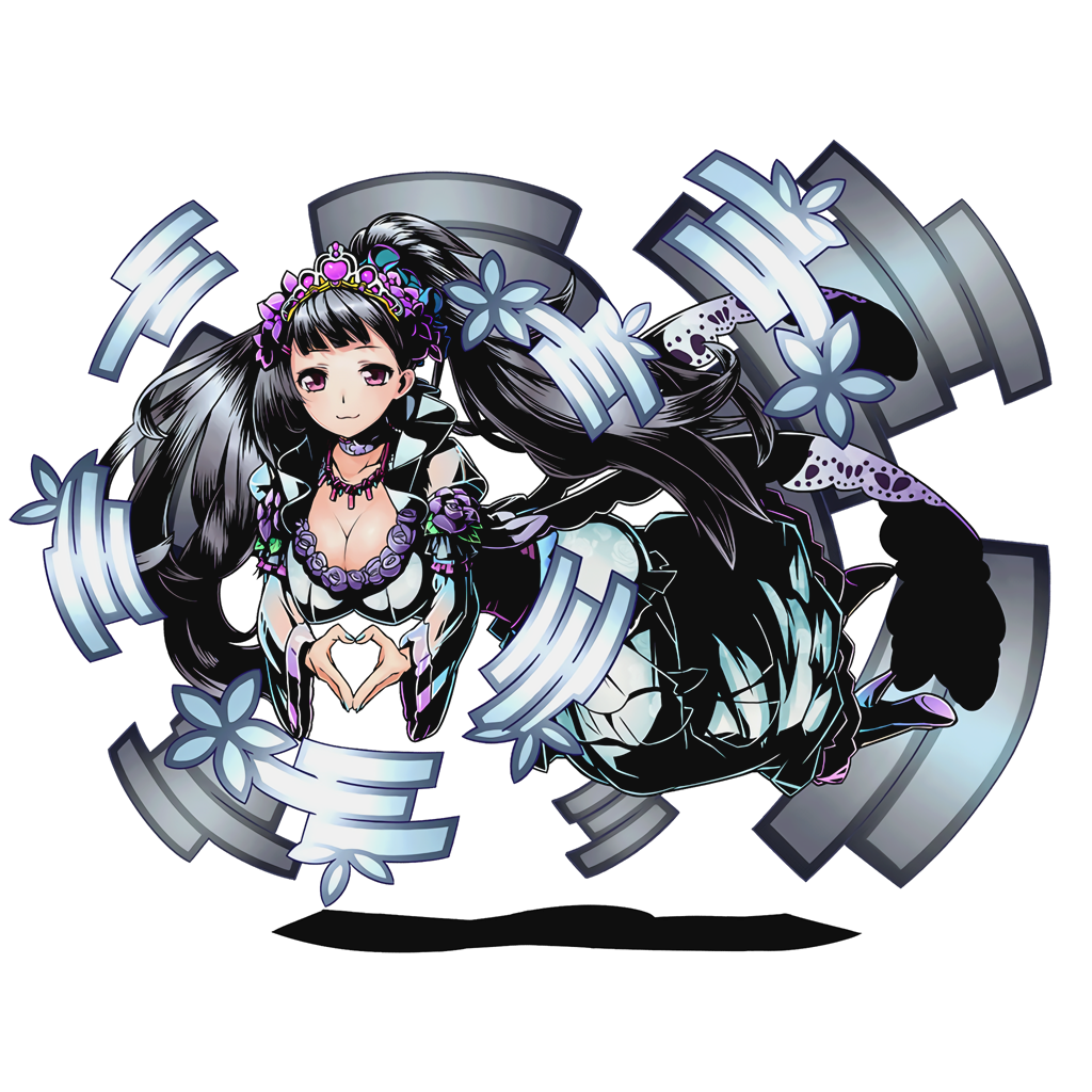 1girl blue_nails breasts choker cleavage collarbone divine_gate dress floating_hair full_body grey_hair hair_ornament heart heart_hands high_heels large_breasts long_hair nail_polish official_art smile solo transparent_background ucmm very_long_hair violet_eyes