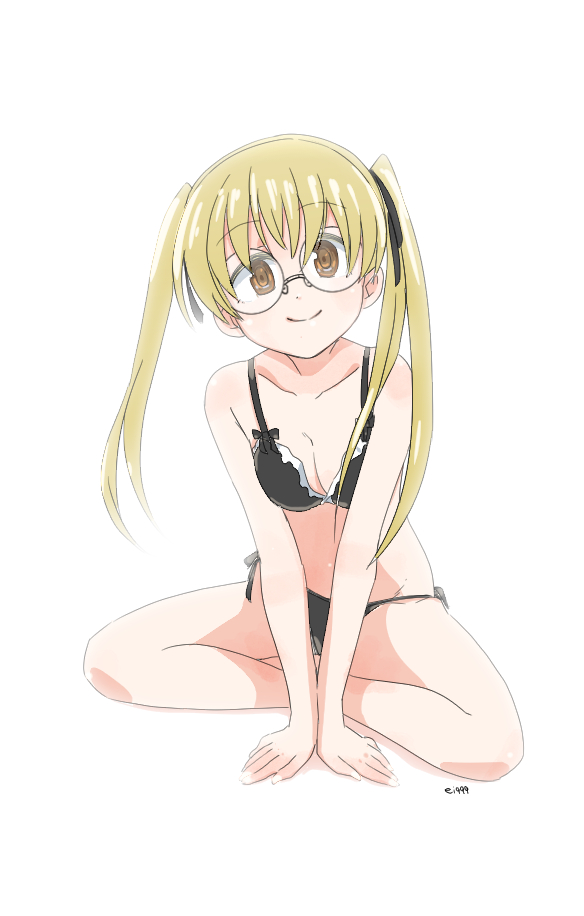 1girl arm_support artist_name bangs black_bra black_panties black_ribbon bow bow_bra bra breasts brown_eyes brown_hair cleavage closed_mouth collarbone ei_(akinosakae) full_body girls_und_panzer glasses hair_ribbon indian_style leaning_forward long_hair looking_at_viewer oono_aya panties ribbon round_glasses side-tie_panties simple_background sitting small_breasts smile solo standing twintails underwear underwear_only v_arms white_background