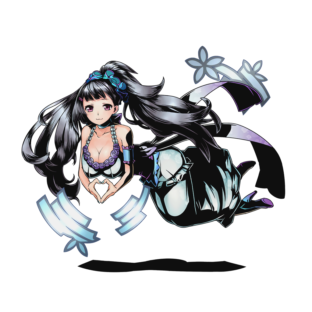 1girl blue_nails boots breasts choker cleavage collarbone divine_gate dress floating_hair full_body grey_hair hair_ornament heart heart_hands high_heels large_breasts long_hair nail_polish official_art purple_boots solo transparent_background ucmm very_long_hair violet_eyes