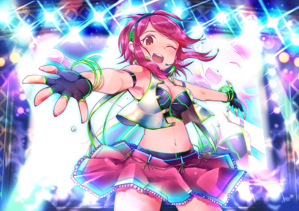 1girl ;d fingerless_gloves gloves idol microphone one_eye_closed open_mouth original outstretched_hand screen smile spotlight ushihashiru wind wind_lift